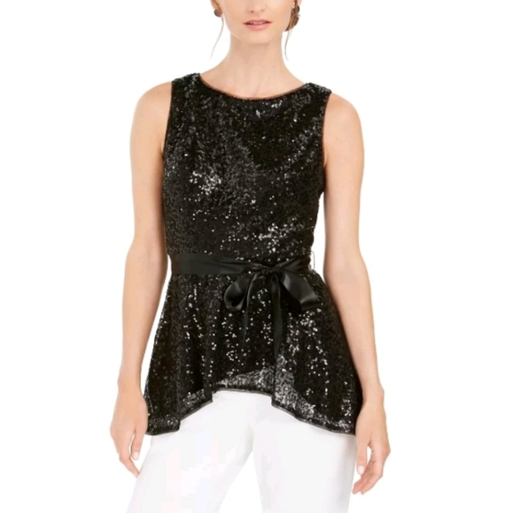 NEW Adrianna Papell Black Sequin Peplum Top Celeb Style Designer Luxury Mobwife - Picture 2 of 12